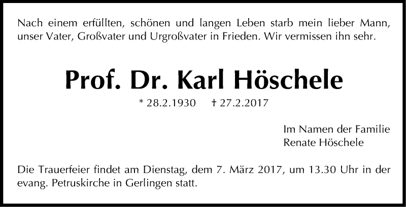  Traueranzeige für Karl Höschele vom 04.03.2017 aus Stuttgarter Zeitung / Stuttgarter Nachrichten
