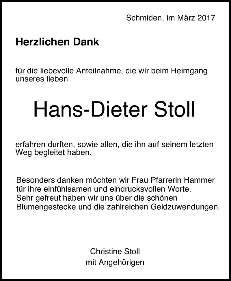  Traueranzeige für Hans-Dieter Stoll vom 03.03.2017 aus Stuttgarter Zeitung / Stuttgarter Nachrichten
