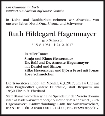 Traueranzeige von Ruth Hildegard Hagenmayer von Stuttgarter Zeitung / Stuttgarter Nachrichten