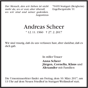 Traueranzeige von Andreas Scheer von Stuttgarter Zeitung / Stuttgarter Nachrichten
