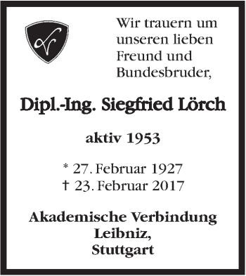 Traueranzeige von Siegfried Lörch von Stuttgarter Zeitung / Stuttgarter Nachrichten