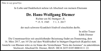 Traueranzeige von Hans-Wolfgang Diemer von Stuttgarter Zeitung / Stuttgarter Nachrichten