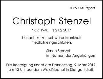 Traueranzeige von Christoph Stenzel von Stuttgarter Zeitung / Stuttgarter Nachrichten