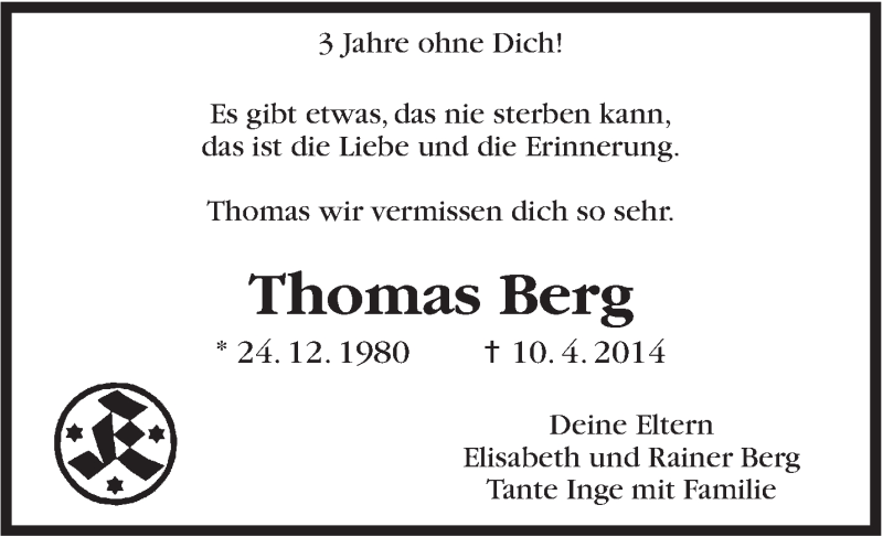  Traueranzeige für Thomas Berg vom 10.04.2017 aus Stuttgarter Zeitung / Stuttgarter Nachrichten