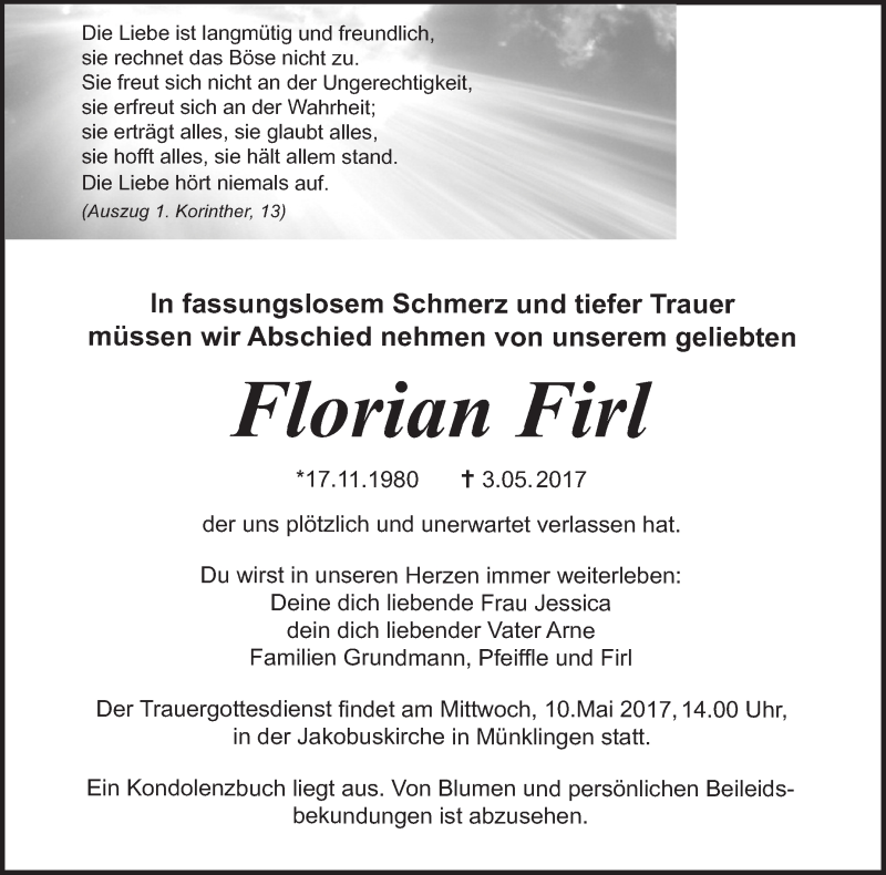 Traueranzeige für Florian Firl vom 08.05.2017 aus Stuttgarter Zeitung / Stuttgarter Nachrichten