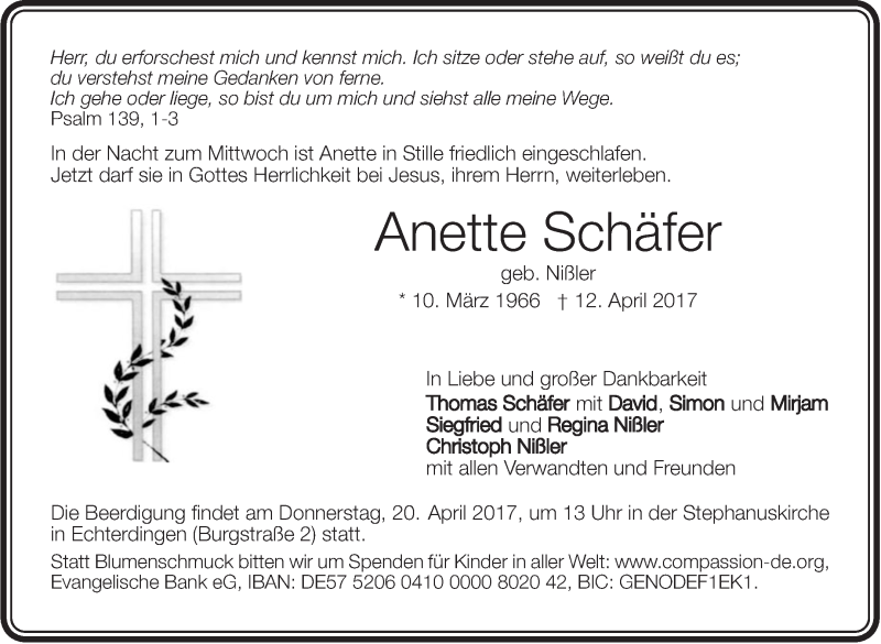  Traueranzeige für Anette Schäfer vom 18.04.2017 aus Stuttgarter Zeitung / Stuttgarter Nachrichten