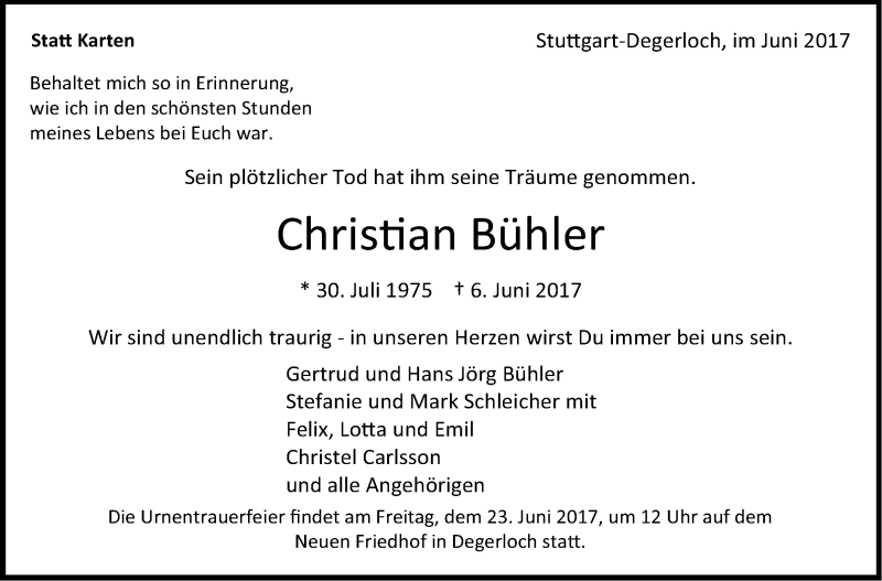 Traueranzeige für Christian Bühler vom 20.06.2017 aus Stuttgarter Zeitung / Stuttgarter Nachrichten