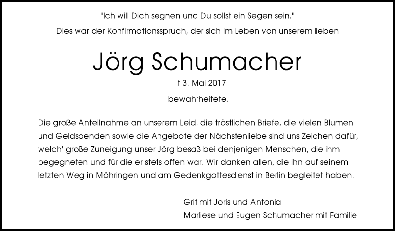  Traueranzeige für Jörg Schumacher vom 02.06.2017 aus Stuttgarter Zeitung / Stuttgarter Nachrichten