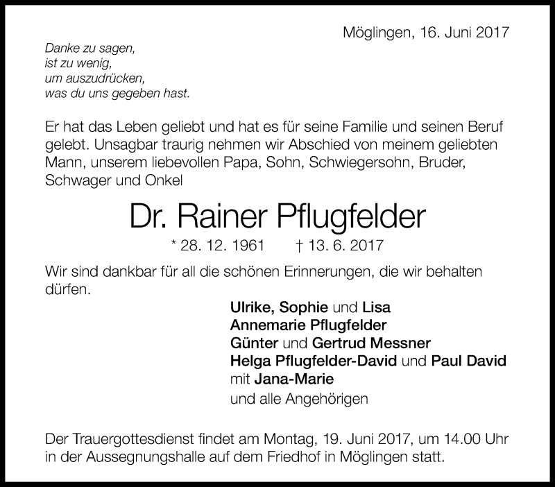  Traueranzeige für Rainer Pflugfelder vom 16.06.2017 aus Stuttgarter Zeitung / Stuttgarter Nachrichten