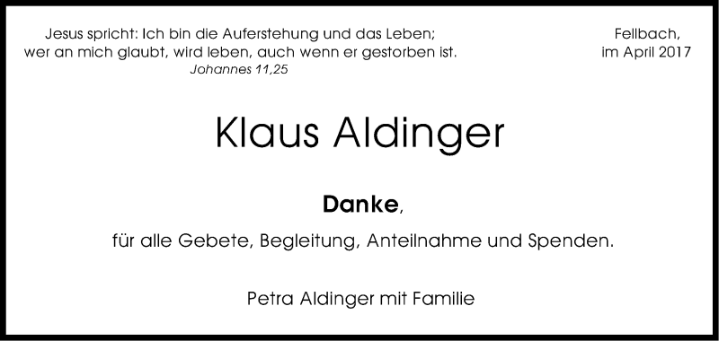  Traueranzeige für Klaus Aldinger vom 24.04.2017 aus Stuttgarter Zeitung / Stuttgarter Nachrichten