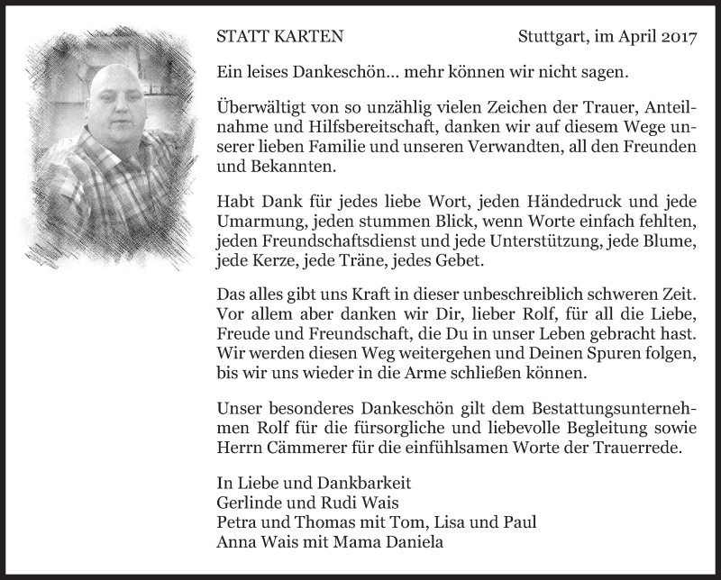  Traueranzeige für Rolf Wais vom 22.04.2017 aus Stuttgarter Zeitung / Stuttgarter Nachrichten