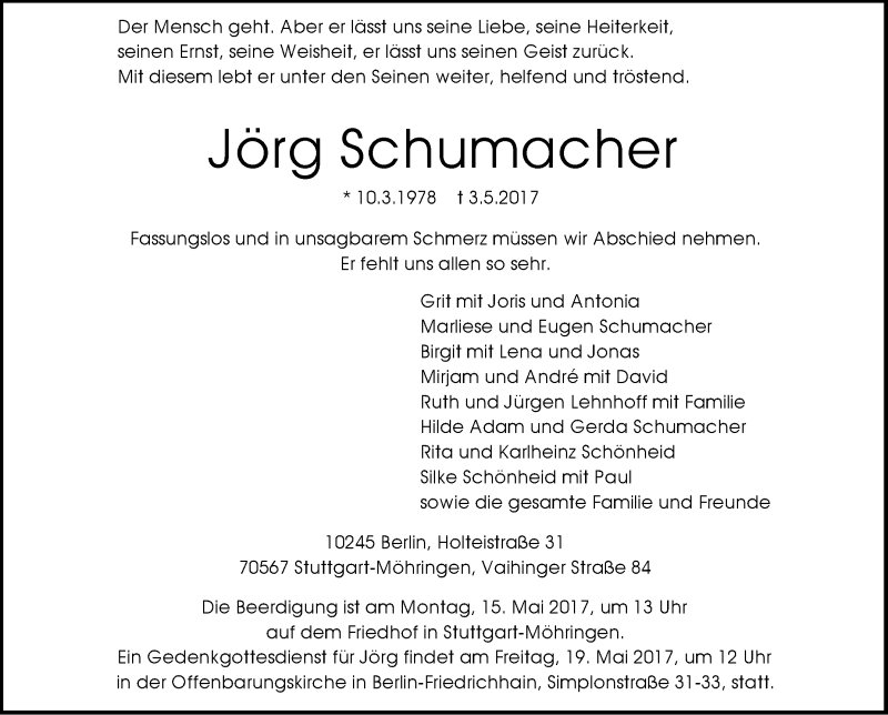  Traueranzeige für Jörg Schumacher vom 12.05.2017 aus Stuttgarter Zeitung / Stuttgarter Nachrichten