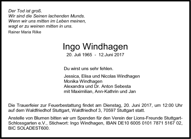  Traueranzeige für Ingo Windhagen vom 17.06.2017 aus Stuttgarter Zeitung / Stuttgarter Nachrichten