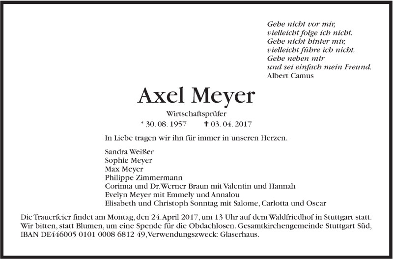  Traueranzeige für Axel Meyer vom 19.04.2017 aus Stuttgarter Zeitung / Stuttgarter Nachrichten
