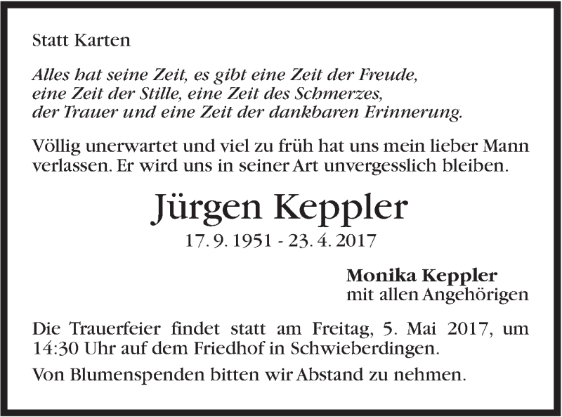 Traueranzeige für Jürgen Keppler vom 29.04.2017 aus Stuttgarter Zeitung / Stuttgarter Nachrichten