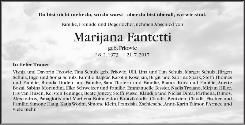  Traueranzeige für Marijana Fantetti vom 26.07.2017 aus Stuttgarter Zeitung / Stuttgarter Nachrichten