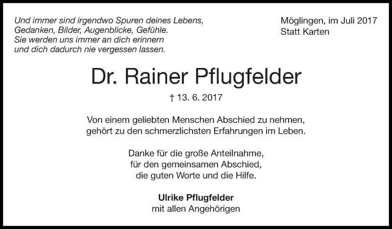  Traueranzeige für Rainer Pflugfelder vom 08.07.2017 aus Stuttgarter Zeitung / Stuttgarter Nachrichten