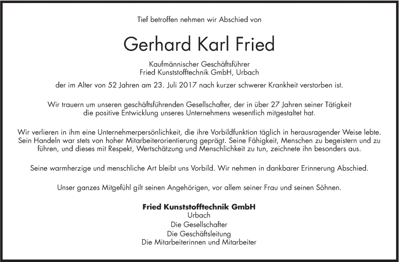  Traueranzeige für Gerhard Karl Fried vom 26.07.2017 aus Stuttgarter Zeitung / Stuttgarter Nachrichten