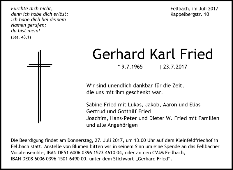  Traueranzeige für Gerhard Karl Fried vom 25.07.2017 aus Stuttgarter Zeitung / Stuttgarter Nachrichten