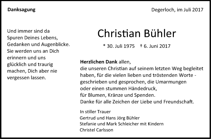  Traueranzeige für Christian Bühler vom 07.07.2017 aus Stuttgarter Zeitung / Stuttgarter Nachrichten
