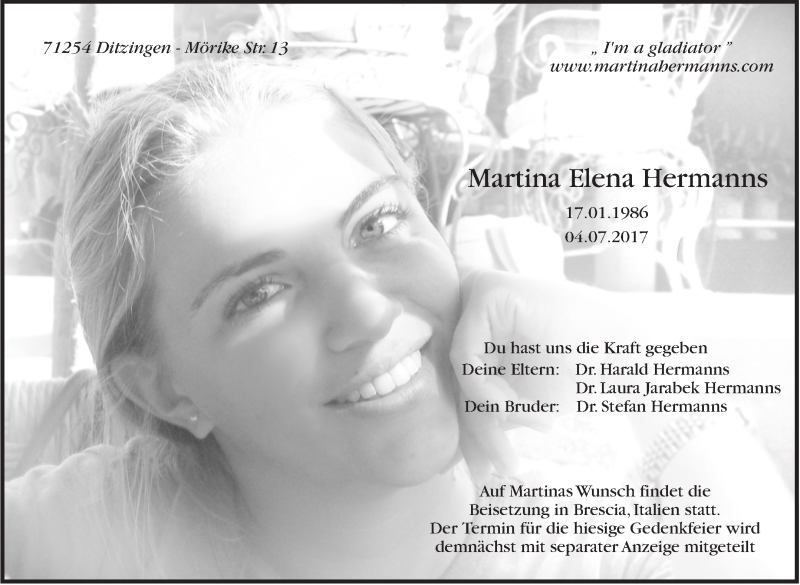  Traueranzeige für Martina Elena Hermanns vom 05.07.2017 aus Stuttgarter Zeitung / Stuttgarter Nachrichten