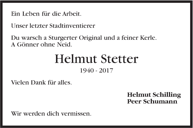  Traueranzeige für Helmut Stetter vom 24.07.2017 aus Stuttgarter Zeitung / Stuttgarter Nachrichten