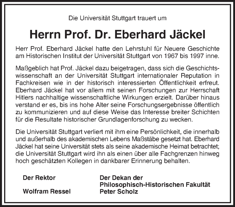  Traueranzeige für Eberhard Jäckel vom 19.08.2017 aus Stuttgarter Zeitung / Stuttgarter Nachrichten