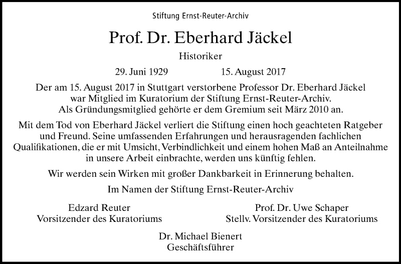  Traueranzeige für Eberhard Jäckel vom 26.08.2017 aus Stuttgarter Zeitung / Stuttgarter Nachrichten