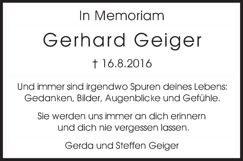  Traueranzeige für Gerhard Geiger vom 16.08.2017 aus Stuttgarter Zeitung / Stuttgarter Nachrichten
