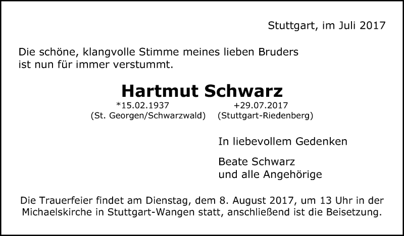  Traueranzeige für Hartmut Schwarz vom 02.08.2017 aus Stuttgarter Zeitung / Stuttgarter Nachrichten