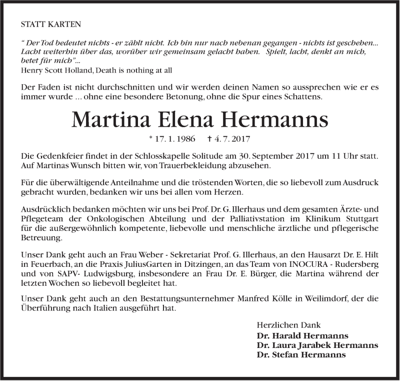  Traueranzeige für Martina Elena Hermanns vom 05.08.2017 aus Stuttgarter Zeitung / Stuttgarter Nachrichten