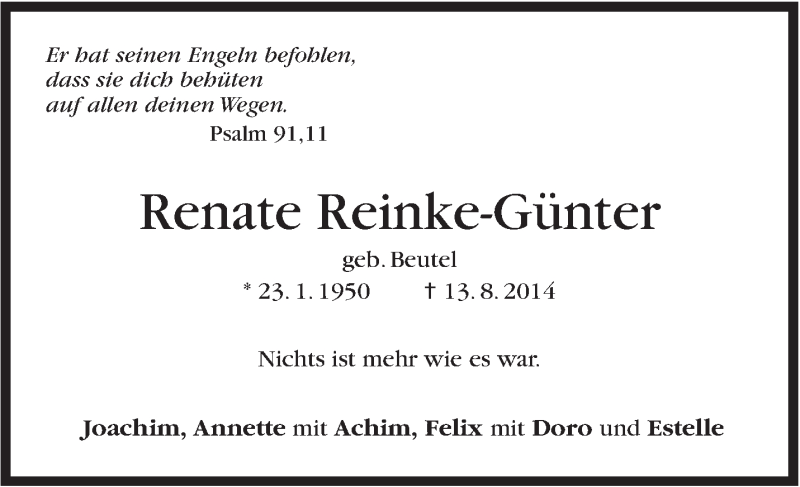  Traueranzeige für Renate Reinke-Günter vom 14.08.2017 aus Stuttgarter Zeitung / Stuttgarter Nachrichten