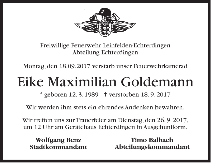  Traueranzeige für Eike Maximilian Goldemann vom 25.09.2017 aus Stuttgarter Zeitung / Stuttgarter Nachrichten