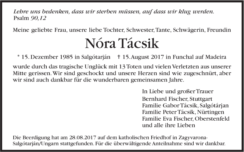  Traueranzeige für Nóra Tácsik vom 05.09.2017 aus Stuttgarter Zeitung / Stuttgarter Nachrichten