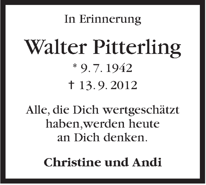  Traueranzeige für Walter Pitterling vom 13.09.2017 aus Stuttgarter Zeitung / Stuttgarter Nachrichten