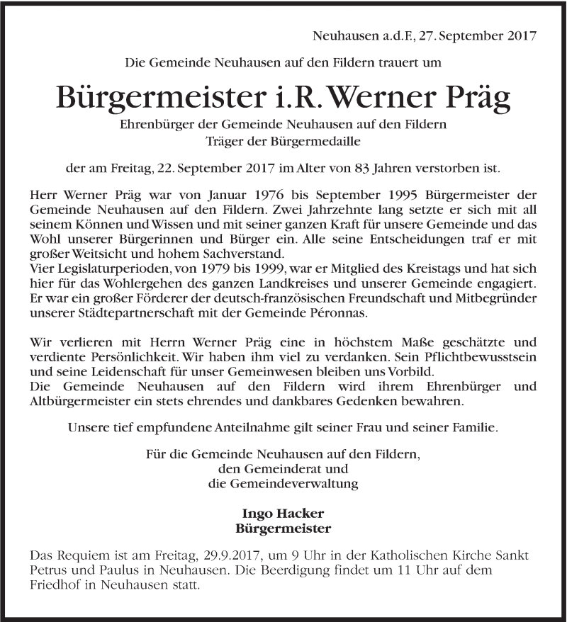  Traueranzeige für Werner Präg vom 27.09.2017 aus Stuttgarter Zeitung / Stuttgarter Nachrichten