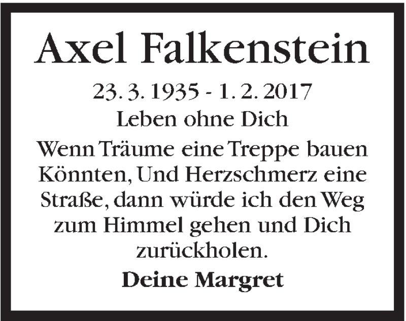  Traueranzeige für Axel Falkenstein vom 01.02.2018 aus Stuttgarter Zeitung / Stuttgarter Nachrichten