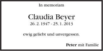 Traueranzeige von Claudia Beyer von Stuttgarter Zeitung / Stuttgarter Nachrichten