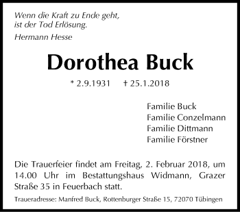Traueranzeige von Dorothea Buck von Stuttgarter Zeitung / Stuttgarter Nachrichten