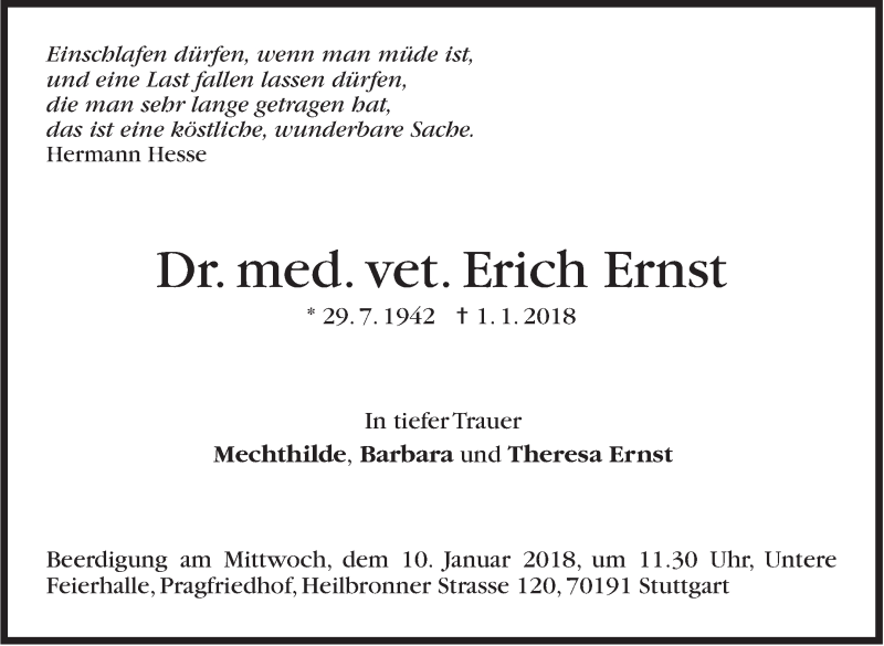  Traueranzeige für Erich Ernst vom 04.01.2018 aus Stuttgarter Zeitung / Stuttgarter Nachrichten