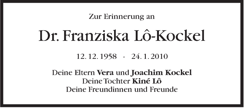  Traueranzeige für Franziska  Lo-Kockel vom 24.01.2018 aus Stuttgarter Zeitung / Stuttgarter Nachrichten
