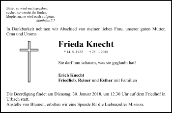 Traueranzeige von Frieda Knecht von Stuttgarter Zeitung / Stuttgarter Nachrichten