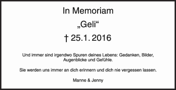 Traueranzeige von Geli  von Stuttgarter Zeitung / Stuttgarter Nachrichten