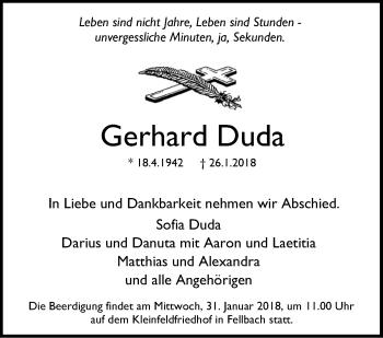 Traueranzeige von Gerhard Duda von Stuttgarter Zeitung / Stuttgarter Nachrichten