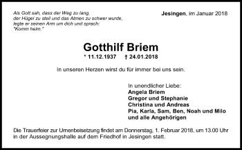 Traueranzeige von Gotthilf Briem von Stuttgarter Zeitung / Stuttgarter Nachrichten