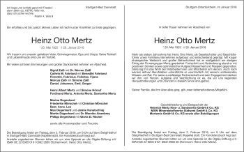 Traueranzeige von Heinz Otto Mertz von Stuttgarter Zeitung / Stuttgarter Nachrichten