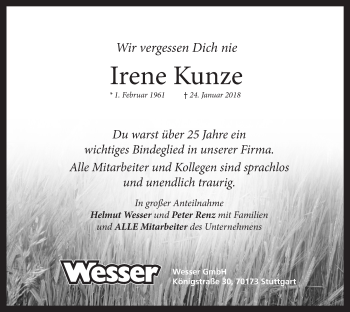 Traueranzeige von Irene Kunze von Stuttgarter Zeitung / Stuttgarter Nachrichten
