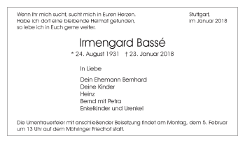 Traueranzeige von Irmengard Basse von Stuttgarter Zeitung / Stuttgarter Nachrichten
