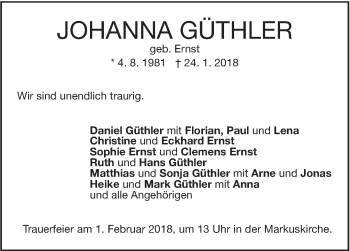 Traueranzeige von Johanna Güthler von Stuttgarter Zeitung / Stuttgarter Nachrichten