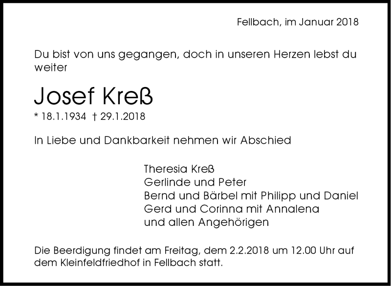  Traueranzeige für Josef Kreß vom 31.01.2018 aus Stuttgarter Zeitung / Stuttgarter Nachrichten